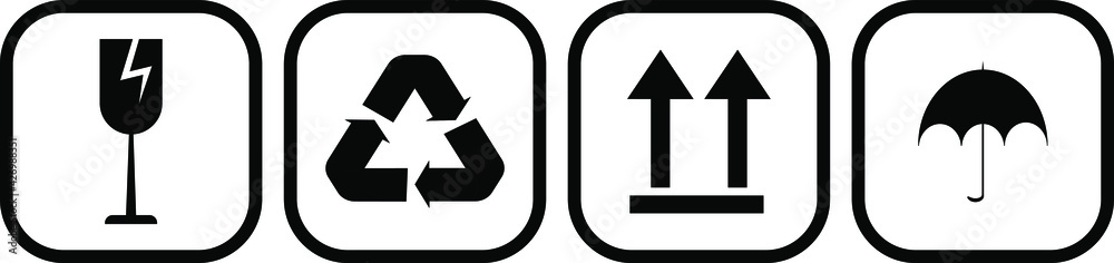 Vector packaging symbols on a white background. Shipping icon set including recyclable, fragile, top side up, keep dry. Use on packaging, cardboard box. Vector packaging symbols on a white background. Shipping icon set including recyclable, fragile, top side up, keep dry. Use on packaging, cardboard box.