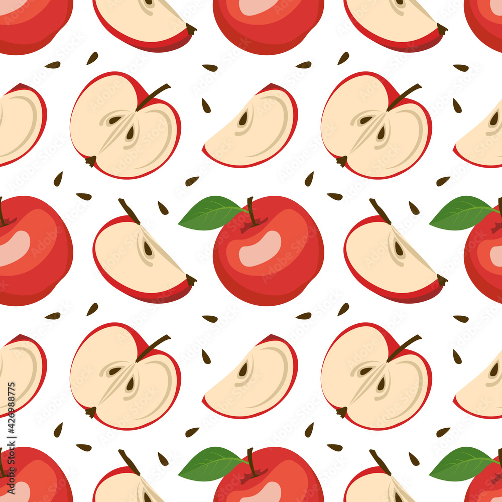 Seamless background with red apples, seeds and leaves. A cute summer or spring print with whole and halved fruits. Festive decoration for textiles, wrapping paper and design Seamless background with red apples, seeds and leaves. A cute summer or spring print with whole and halved fruits. Festive decoration for textiles, wrapping paper and design