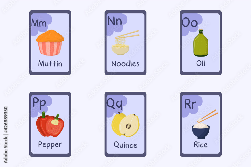 Colorful alphabet flashcard Letter M, N, O, P, Q, R - muffin, noodles, oil, pepper, quince, rice.