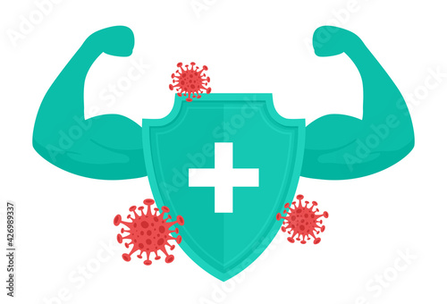 Medical shield for virus protection. Health shield with double bicep. Covid-19. Immune system concept. Vector illustration in flat style isolated on white background.