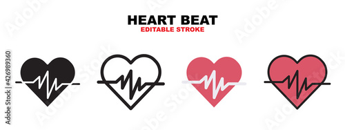 Heart Beat icon set with different styles. Icons designed in filled, outline, flat, glyph and line colored. Editable stroke and pixel perfect. Can be used for web, mobile, ui and more.