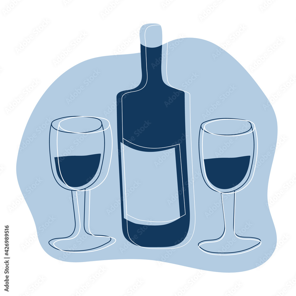 Abstract print, minimalism. Wine bottle with two glasses. Caricatures, hand-drawn. Celebrating the holiday. Vector print on clothes