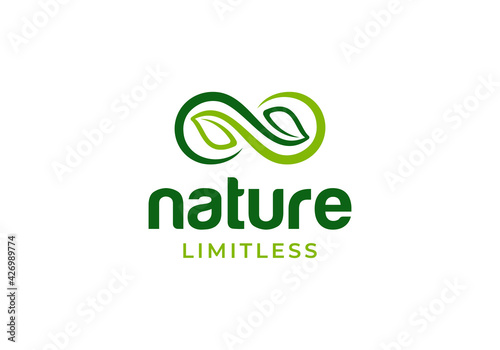 Leaf with infinity symbol, nature limitless logo design inspiration template