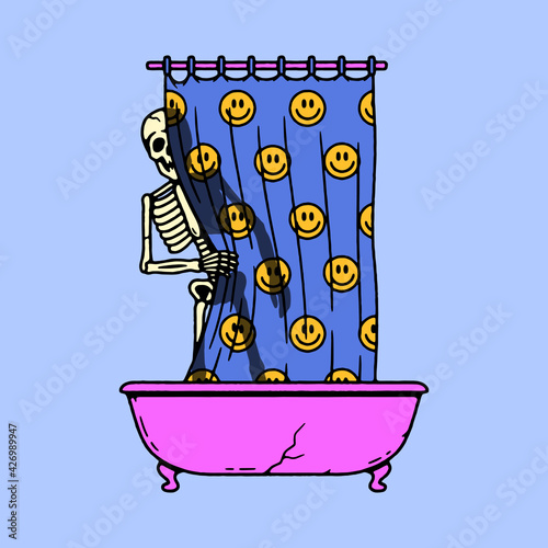 SKELETON IN THE FUNNY SHOWER COLOR BLUE BACKGROUND