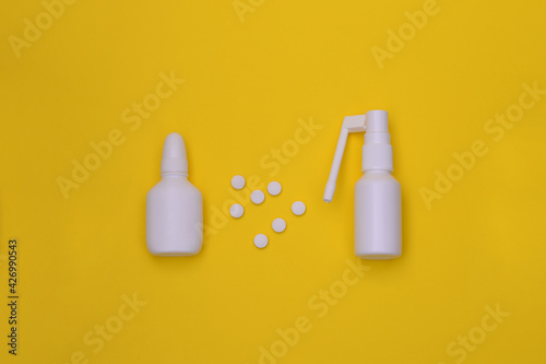 Treatment of the nose and throat for flu and colds. On a yellow background.