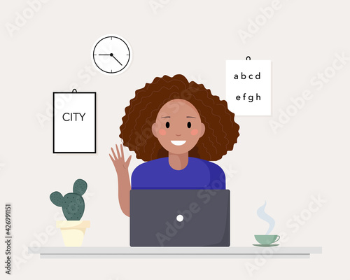 African american freelancer woman work from home vector flat illustration. Black skin female chatting or watching movie use laptop isolated. Black woman working at home. Home office concept.