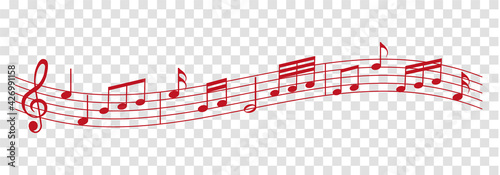 vector sheet music - red musical notes melody on transparent background