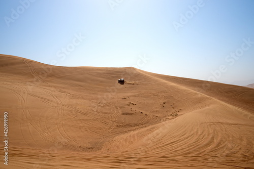 Dubai, United Arab Emirates – April 9, 2021, Mitsubishi Pajero, early morning off-roading and dune bashing around Al Madam Desert with UAE Off roaders, one of best attractions in UAE