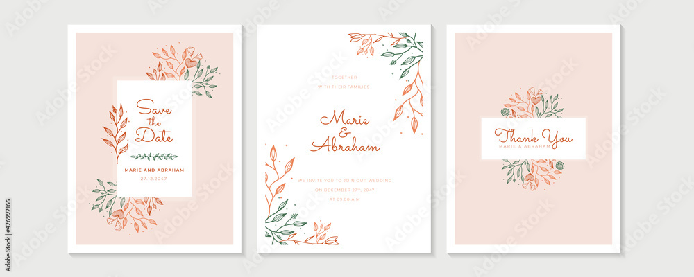 Wedding Invitation with Gold Flowers and gold geometric line design. background with geometric golden frame. Cover design with an ornament of golden leaves. vector eps10