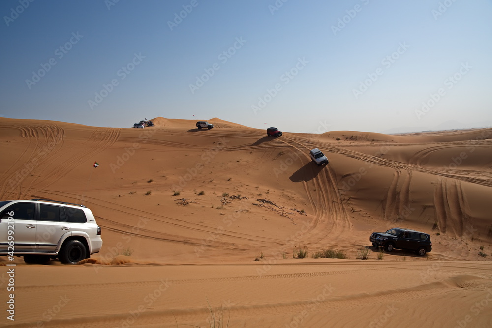Dubai, United Arab Emirates – April 9, 2021, Mitsubishi Pajero, early morning off-roading and dune bashing around Al Madam Desert with UAE Off roaders, one of best attractions in UAE