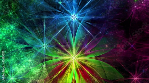 Rainbow color changing abstract fractal background with intricate interconnected psychedelic space flowers