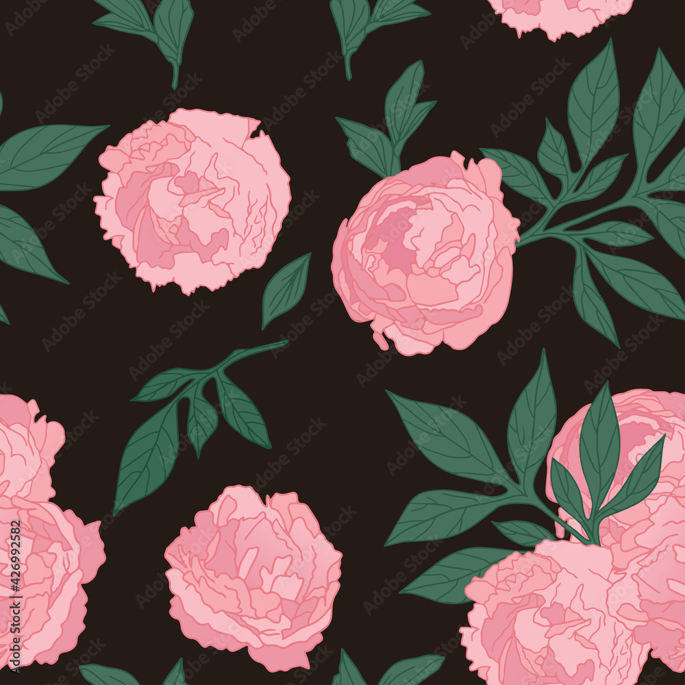 seamless pattern with beautiful peonies flowers. Vector isolated illustration in hand drawn style