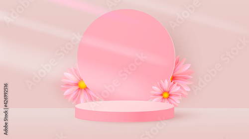 Minimalistic scene with pink cylindrical podium, round frame and spring flowers. Scene for the demonstration of a cosmetic product, showcase. Vector