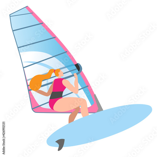 Girl ride a Board with a sail. Isolated vector illustration in a flat style on the theme of windsurfing.