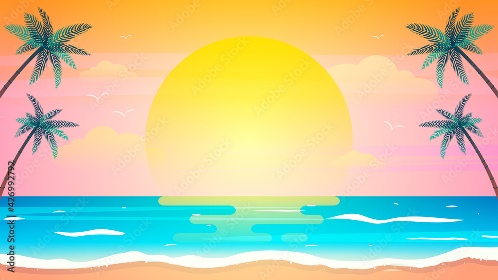 Sunset on summer beach background vector illustration