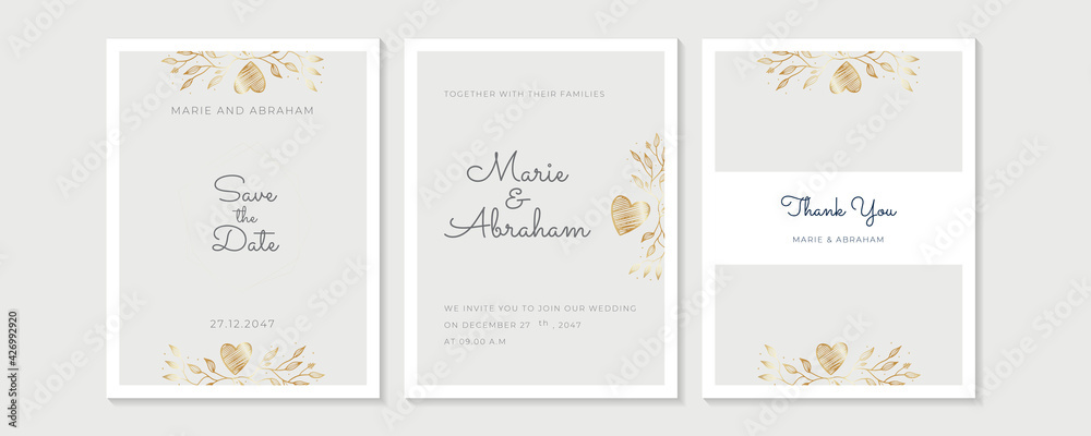 Minimalist wedding invitation card template design, floral black line art ink drawing with square frame on light grey