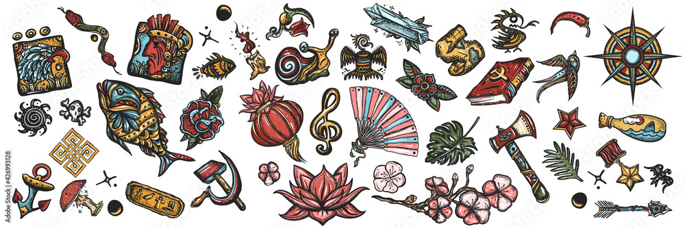Old school tattooing style. Big set for design. Colorful tattoo elements collection