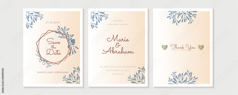 Design wedding invitation template set. Abstract texture elements and golden frames on a black background are hand-drawn with floral and leaf element design
Design wedding invitation template set. Abstract texture elements and golden frames on a black background are hand-drawn with floral and leaf element design