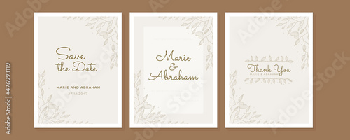 Minimalist wedding invitation card template design  floral black line art ink drawing with square frame on light grey