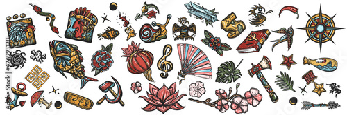 Old school tattooing style. Big set for design. Colorful tattoo elements collection