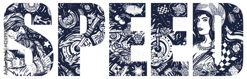 Speed slogan. Double exposure lettering. Bikers lifestyle. Typography art. Tattoo style. Vector graphics. Bearded biker man, burning motorcycle, rider sport woman. Pin up girl, spark plug, moto bike
