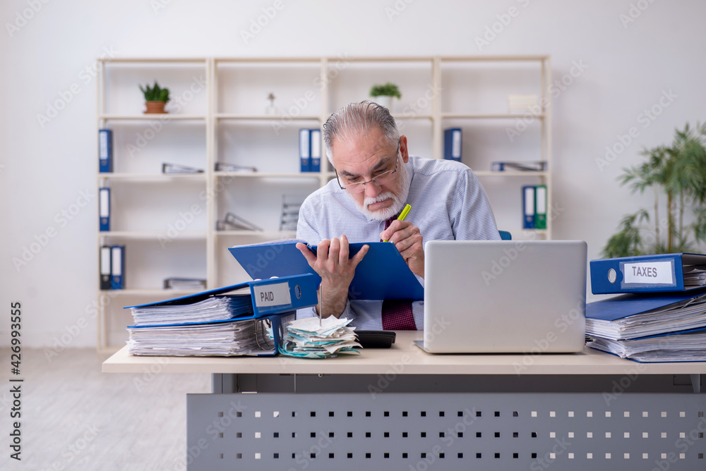 Old male accountant in budget planning concept in the office Old male accountant in budget planning concept in the office