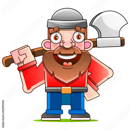 Lumberjack with axe and downed log, forest background. Vector