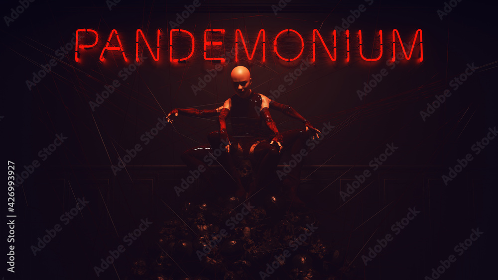 Spider Woman Demon Multi Arms Sitting on a Pile of Skulls with Neon Pandemonium Sign on the Wall Gates of Hell 3d Illustration render	
 - obrazy, fototapety, plakaty 
