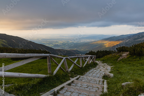 Long mountain trail with panorama of Karkonosze Giant Mountains around