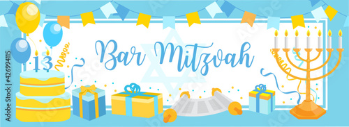 Bar Mitzvah invitation or congratulation card. jewish holiday, 13 year old boy's birthday vector illustration