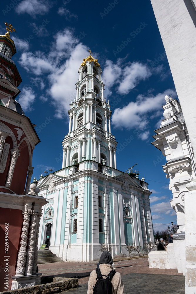 golden towers and ancient architectural solutions of the Trinity-Sergievskaya Lavra in Sergiev Posad on a sunny spring day