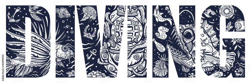 Diving slogan. Double exposure lettering. Typography art. Tattoo style. Vector graphics. Scuba diver helmet, octopus kraken tentacles. Sea monsters. Angler fish, lionfish, jellyfish. Deep underwater Diving slogan. Double exposure lettering. Typography art. Tattoo style. Vector graphics. Scuba diver helmet, octopus kraken tentacles. Sea monsters. Angler fish, lionfish, jellyfish. Deep underwater