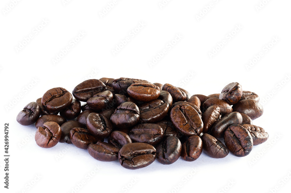 Roasted coffee beans on white background, Stack Focus Roasted coffee beans on white background, Stack Focus