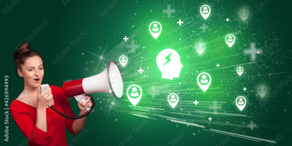 Young person with megaphone and social networking icon Young person with megaphone and social networking icon
