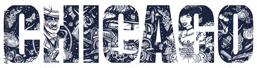 Chicago slogan. Old criminal noir city. Retro movie lifestyle. Double exposure lettering. Typography art. Tattoo style. Crime boss plays saxophone, car, croupier pin up girl, casino. Gangsters