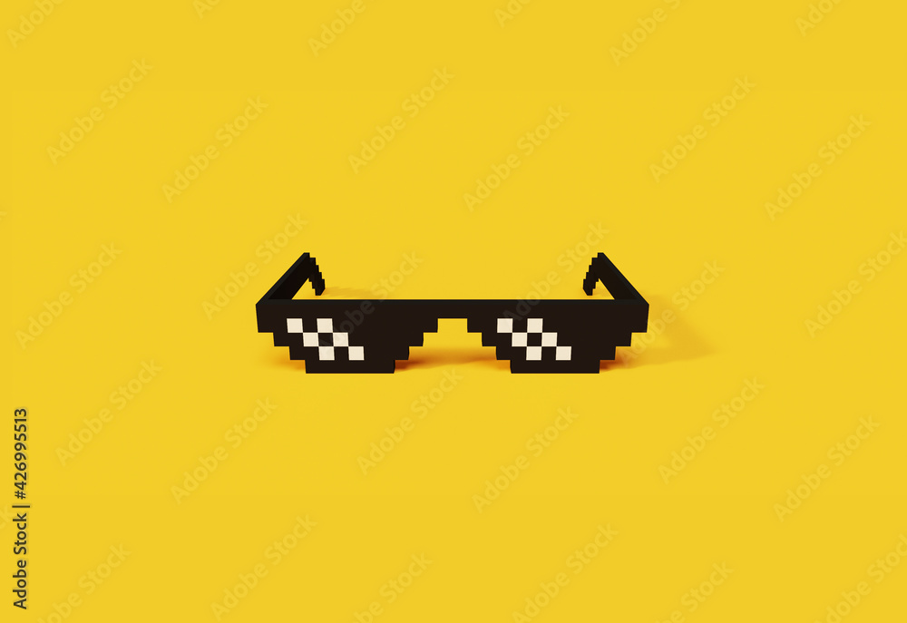 Fototapeta Thug life meme glasses pixel art modern iconic 3d object. Front view of pixel art glasses, 3D rendering minimalistic object on yellow background. Web banner with copy space.