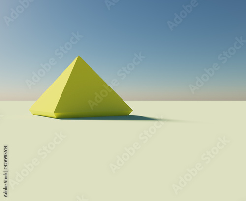 Egyptian pyramid inspired illustration. 3D rendered minimalistic pyramid shape illustration on yellow sand colored background inspired by Egyptian desert landscapes.