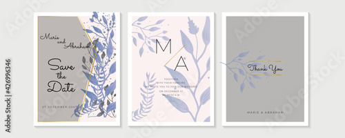 Design wedding invitation template set. Abstract texture elements and golden frames on a black background are hand-drawn with floral and leaf element design
