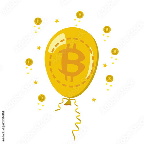 The concept of bitcoin is an inflated balloon. The overheated cryptocurrency market and the expectation of a crash, a fall. Color vector illustration of flat style.