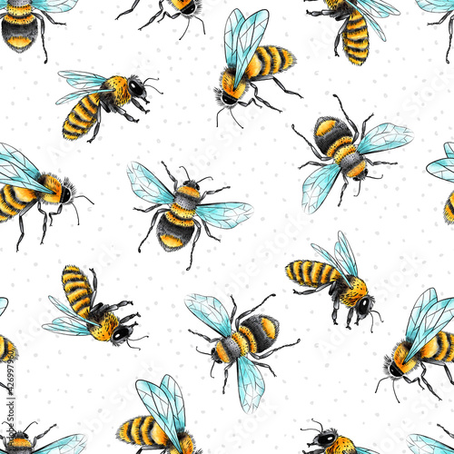 Watercolor and Ink Honey Bees Seamless Pattern