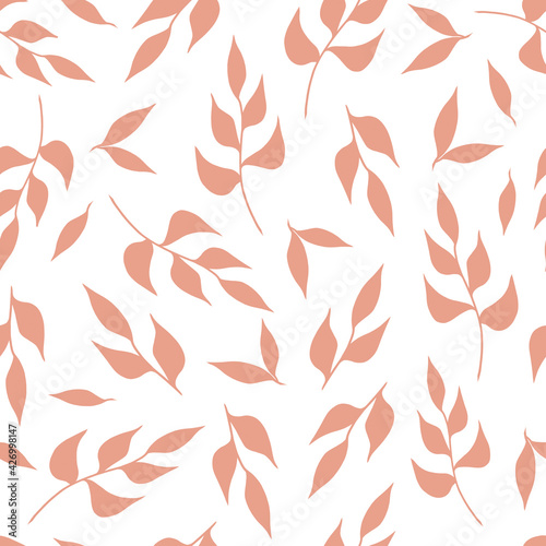 Pink dusty delicate abstract leaves on a white background. Seamless floral botanical pattern. Hand drawn designs for backgrounds, packaging, wallpapers, textiles.