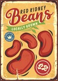 Locally grown red kidney beans vintage tin sign design. Agriculture and farming retro advertisement. Old poster for organic food product. Beans vector image.