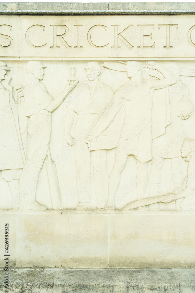 Obraz premium July 2020. London. Lords Cricket Ground sculpture relief in St Johns Wood, in London, England