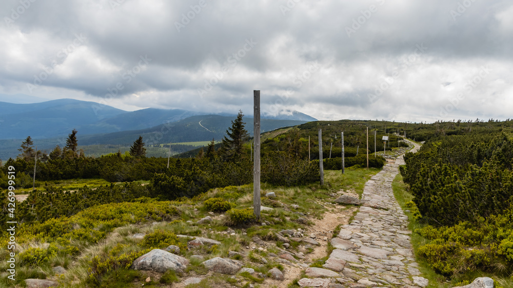 Long mountain trail with panorama of Karkonosze Giant Mountains around