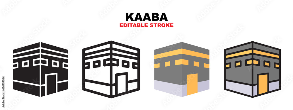 Kaaba icon set with different styles. Icons designed in filled, outline, flat, glyph and line colored. Editable stroke and pixel perfect. Can be used for web, mobile, ui and more.
