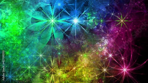 Rainbow color changing abstract fractal background with intricate interconnected psychedelic space flowers