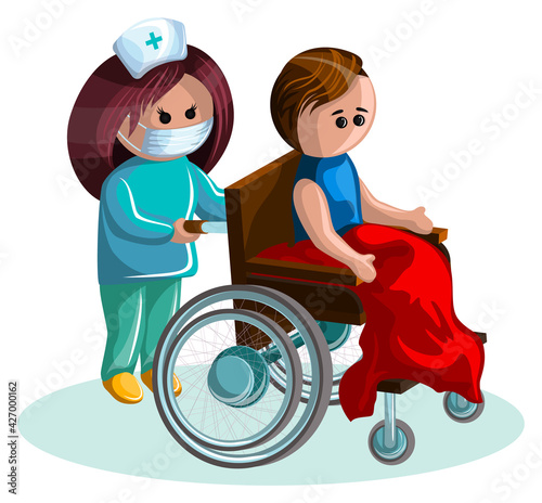 Vector image of a young man in a wheelchair and a woman physician caring for him. EPS 10. Concept. Image on white background