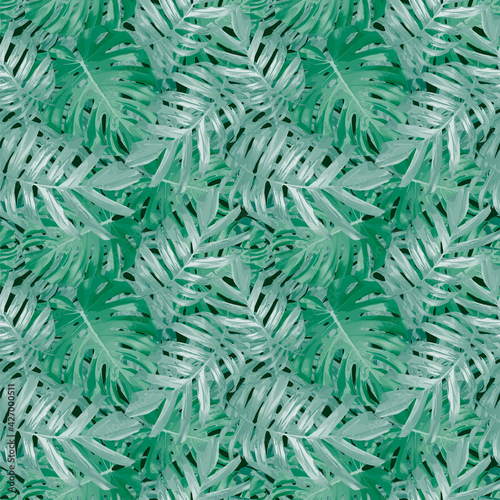 Tropical leaves, jungle monstera leaf seamless floral green pattern background.