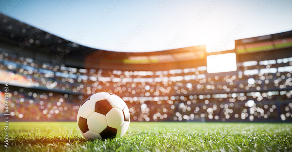 Naklejka Football soccer ball on grass field on stadium