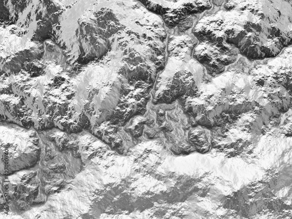 3D rendering. Top view of topographic terrain